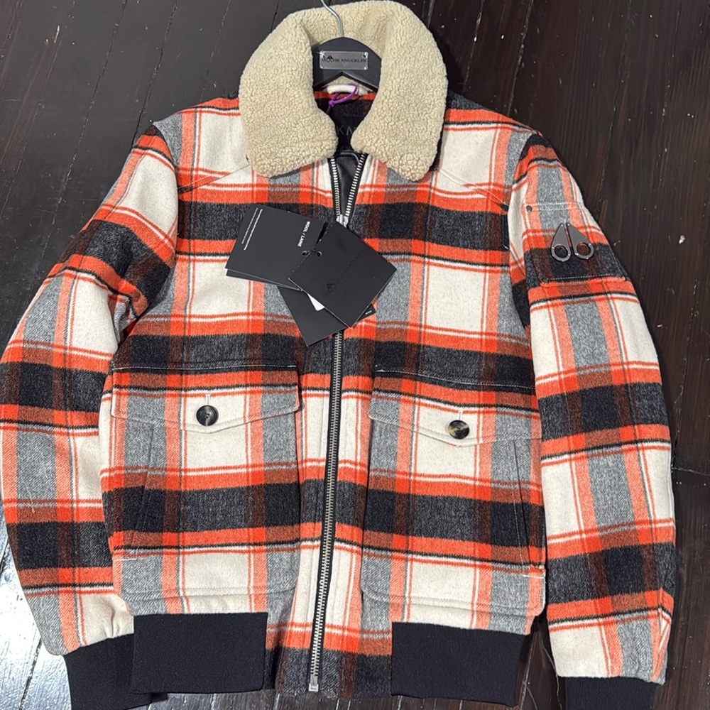 MOOSE KNUCKLES PLAID ELLIOT RIVER FUR JACKET - ORANGE